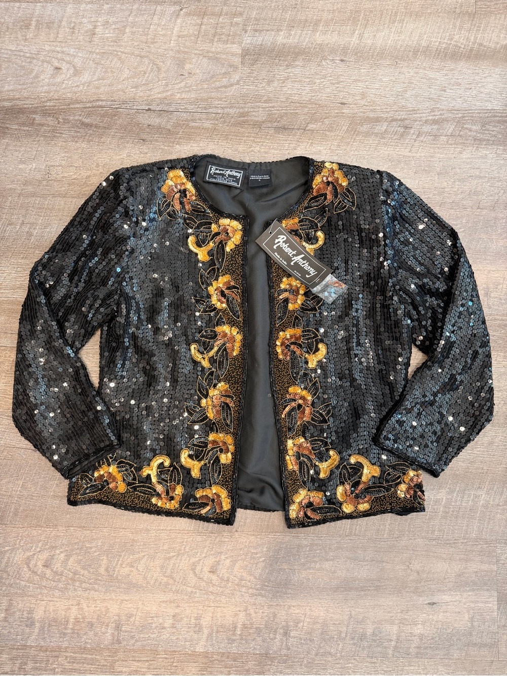 Vintage Robert Anthony 100% Silk Beaded Jacket Black Gold Embellished NWT Size L